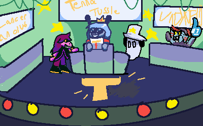 Concept art for a Gameshow minigame. Tenna is in the middle, with a card in her hand, along with Susie, Napstablook, and Undyne.