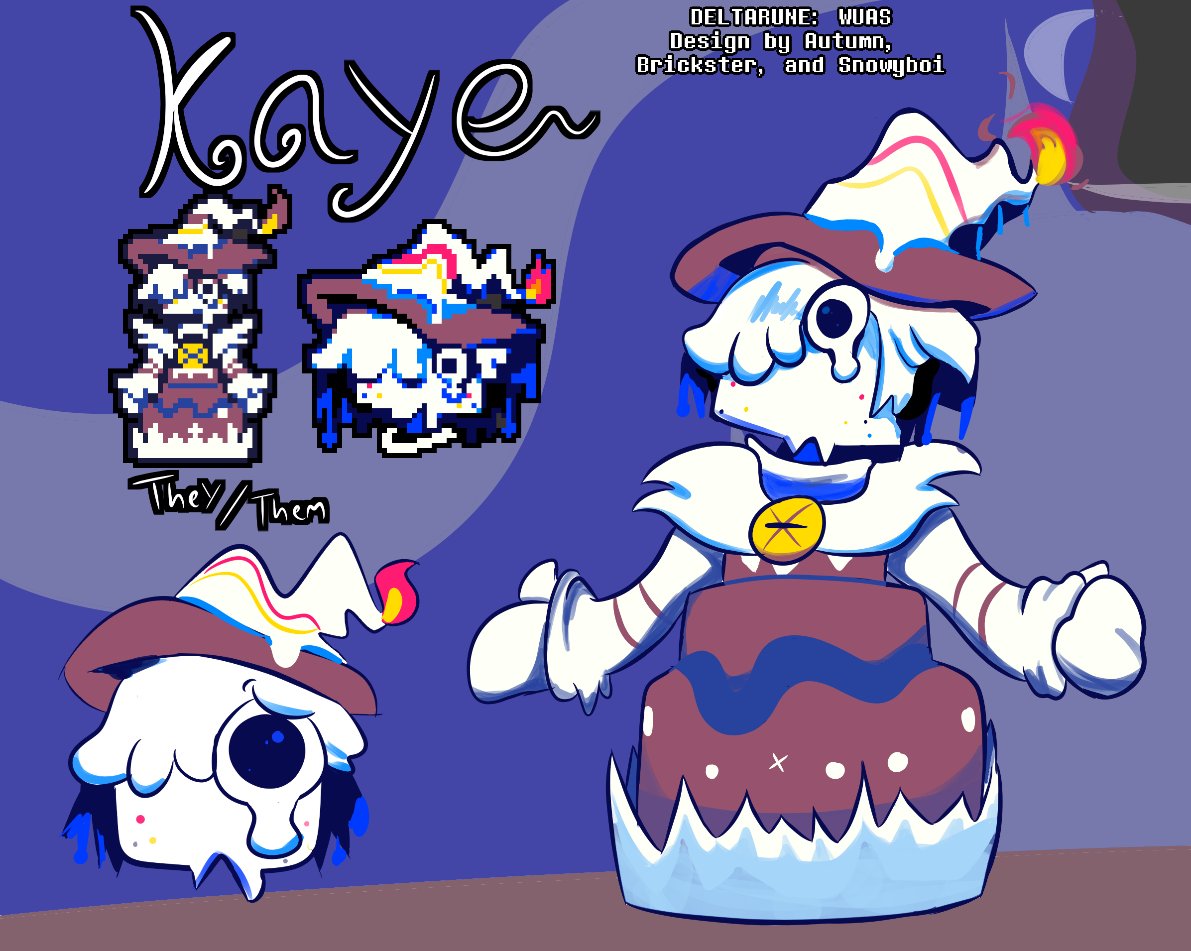 A character called Kaye with a pronouns of They/Them featuring a character with cake