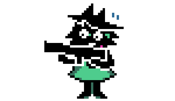 Ralsei wearing an interesting hat, holding a gun.